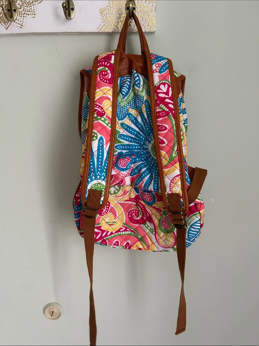 Vibrant Pink Multi-Color Printed Backpack with Brown Trim